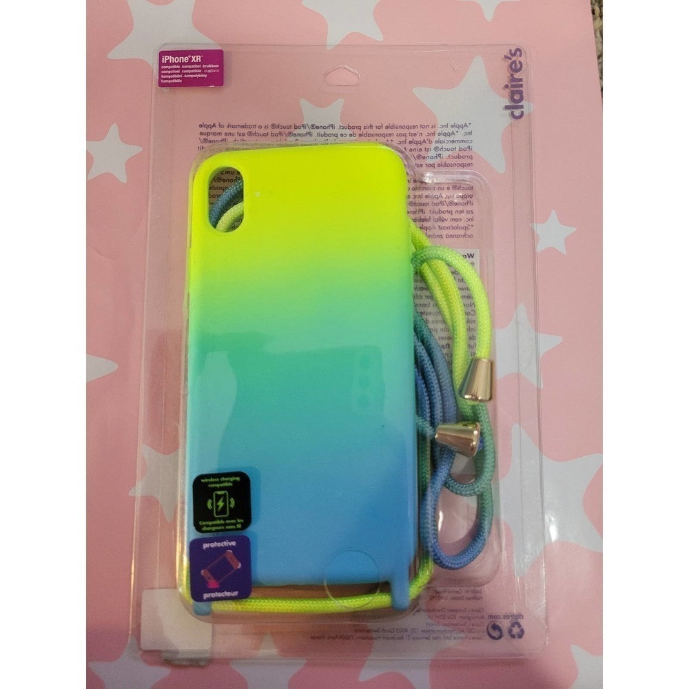 Iphone XR case Bright Neon Blue Yellow Green With Strap Lanyard